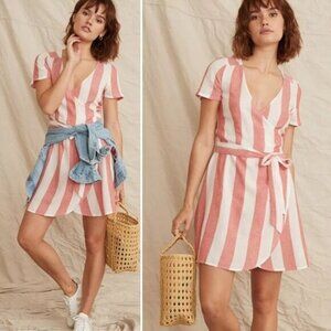Marine Layer Frances Wrap Dress Poppy Red & White Striped Wrap Dress, Size L NWT